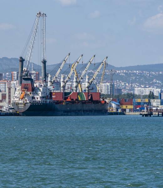 Novorossiysk commercial sea port. Container ship  Horizon Monrjvia at berths for loading. Port cranes on blurred background panorama of city. Novorossiysk, Russia - September 15, 2021